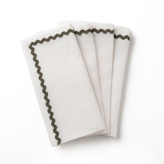 Linen Wave Napkins - Set of 4 - White with Olive Wave