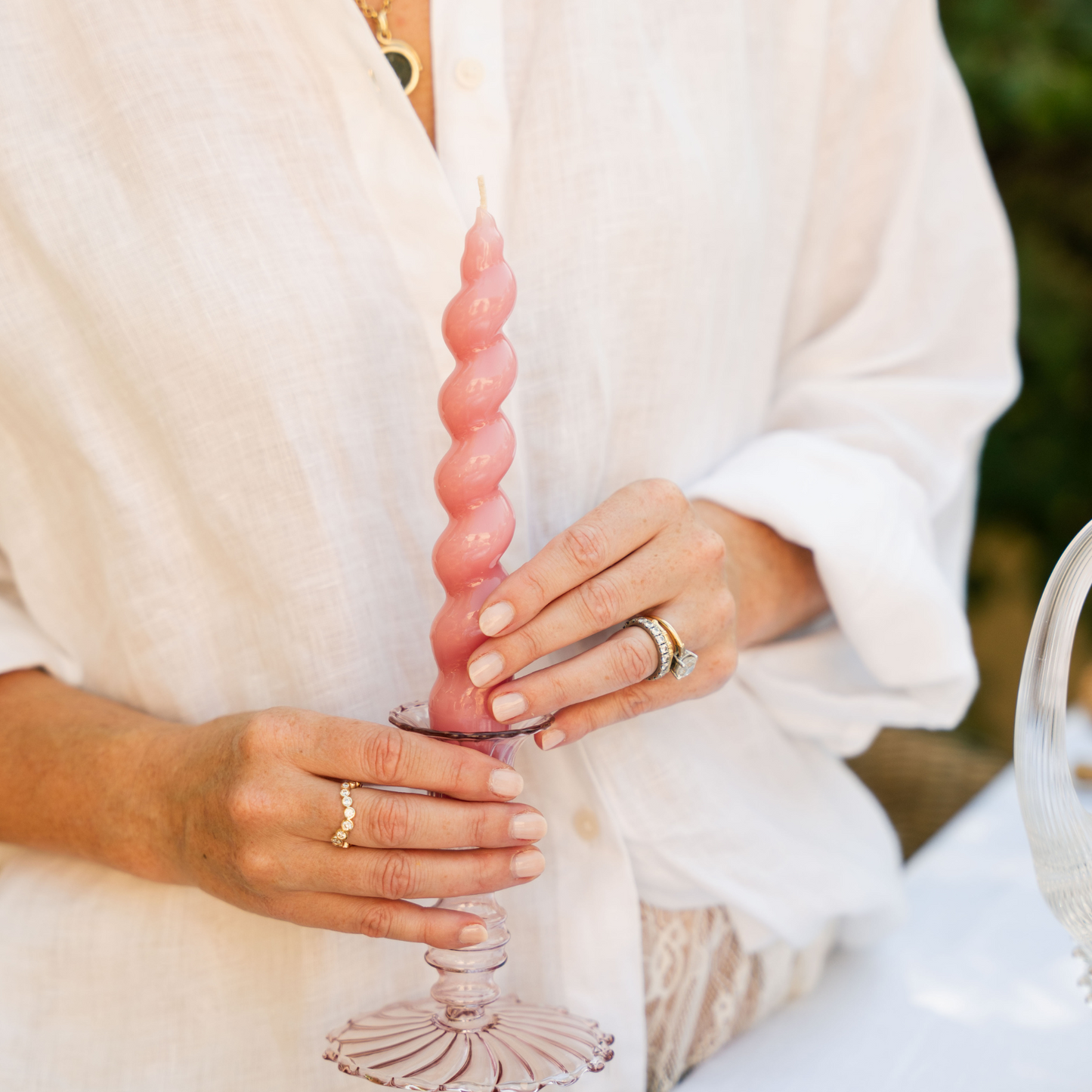 Set of 2 - Glass Candle Holder - Pink Flute