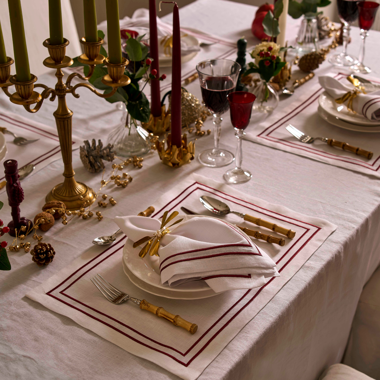 Embroidered Double Stripe Linen Napkins Ruby Red (set of 4)