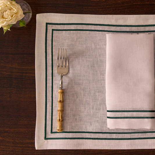 Embroidered Double Stripe Linen Placemats Emerald Green (set of 4)