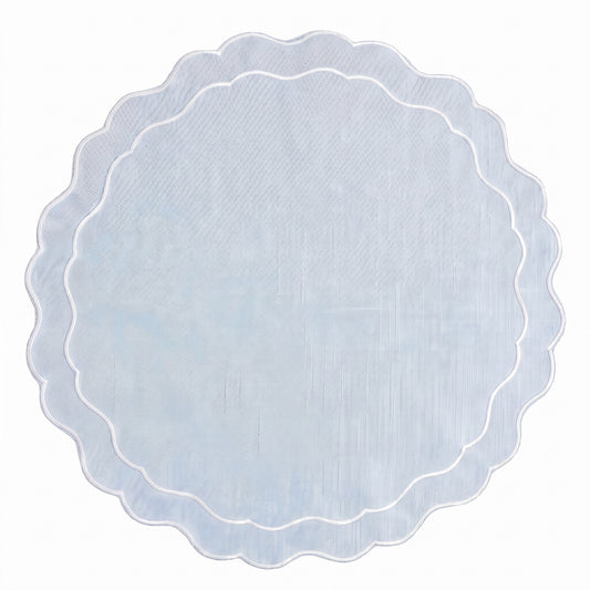 Linen Scalloped Edged Placemats - Powder Blue with White (set of 4)