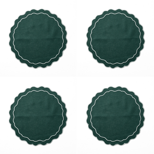Set of 4 - Linen Scalloped Edged Placemats - Emerald Green