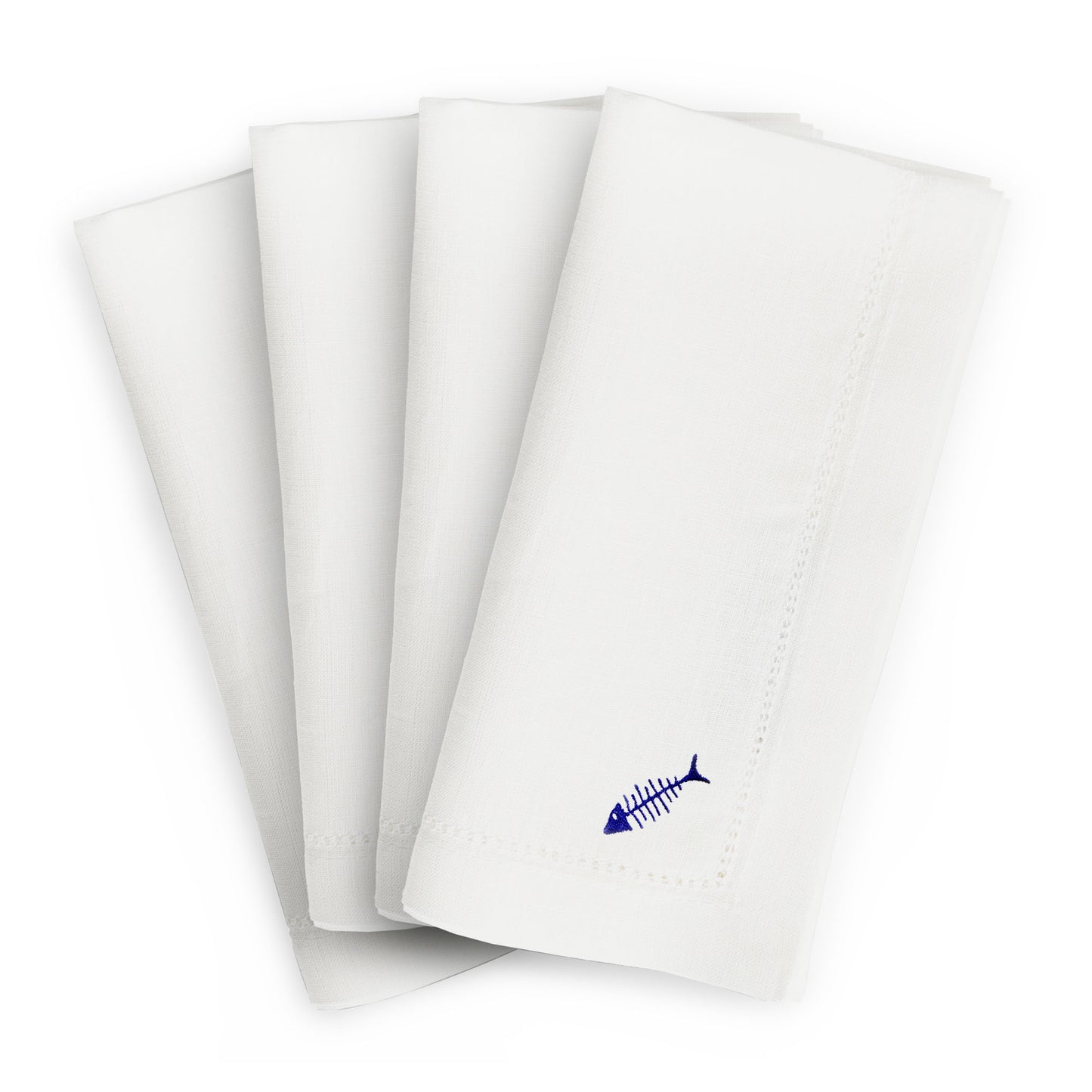 Set of 4 - Linen Hemstitch Napkin with Embroidery Detail - White