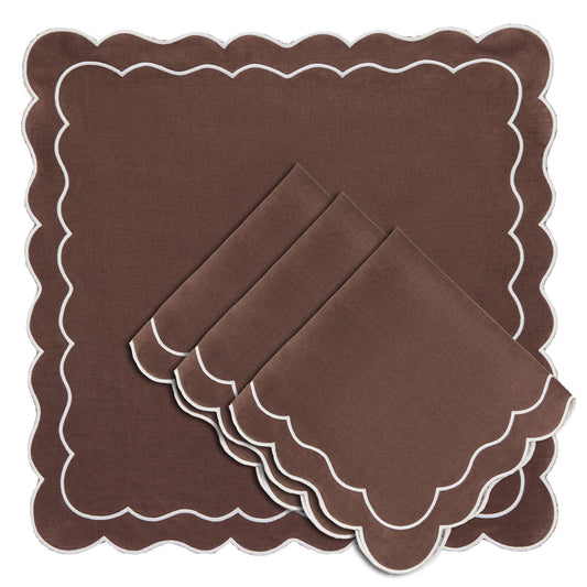 Set of 4 - Linen Scalloped Edged Napkins - Chocolate
