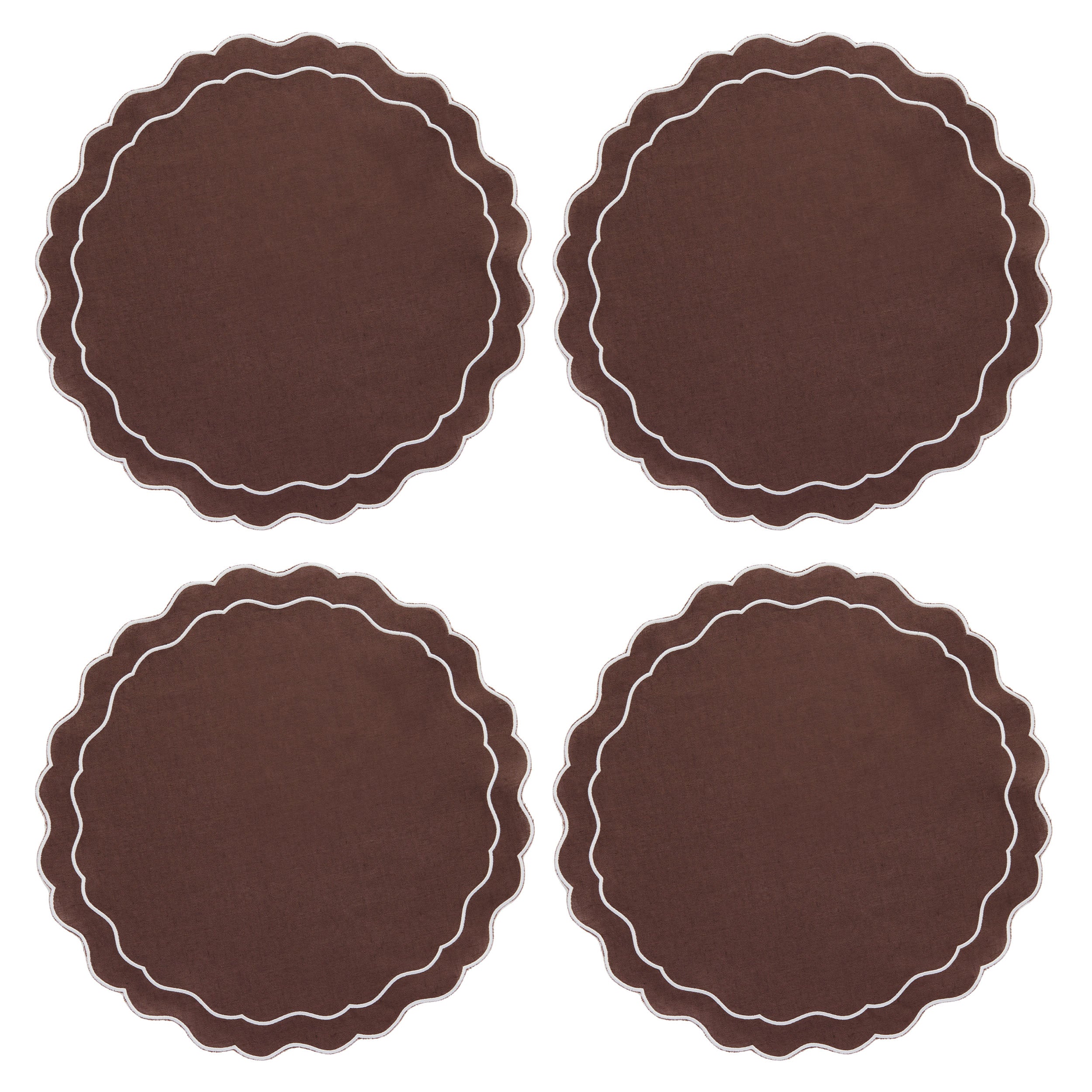 Set of 4 Pure Linen Scalloped Edged Placemat Chocolate Clio and
