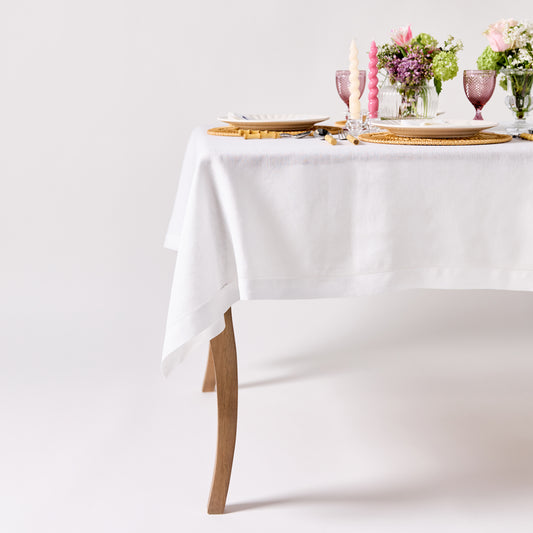 Linen Tablecloth with Hemstitched Edge - White - 6 person table size