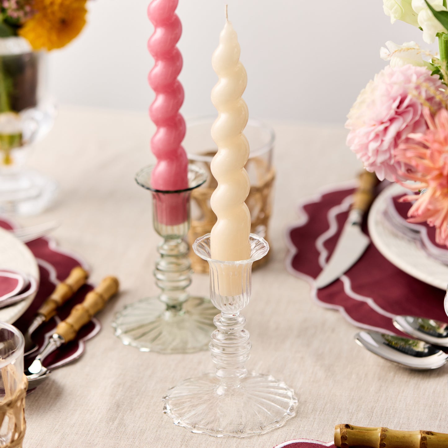 Set of 2 - Glass Candle Holder - Clear Flute