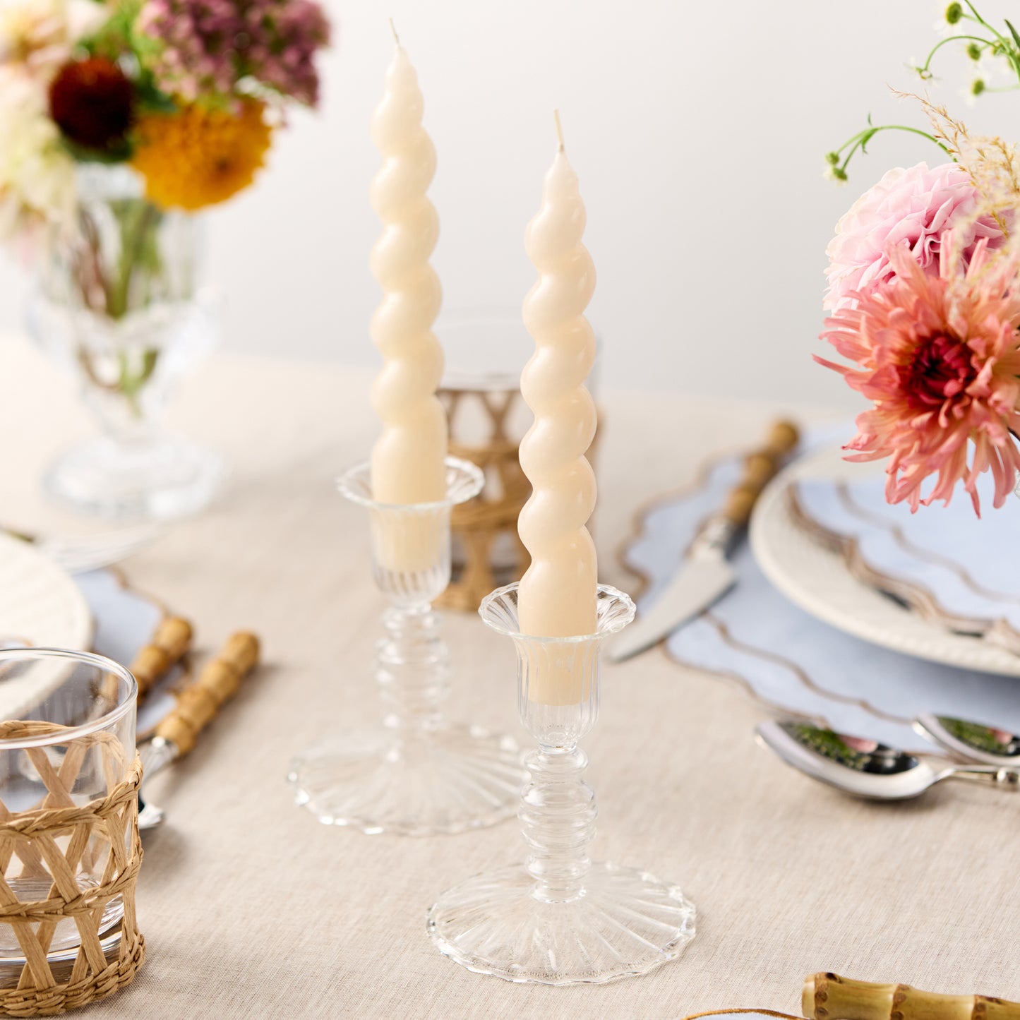 Set of 2 - Glass Candle Holder - Clear Flute
