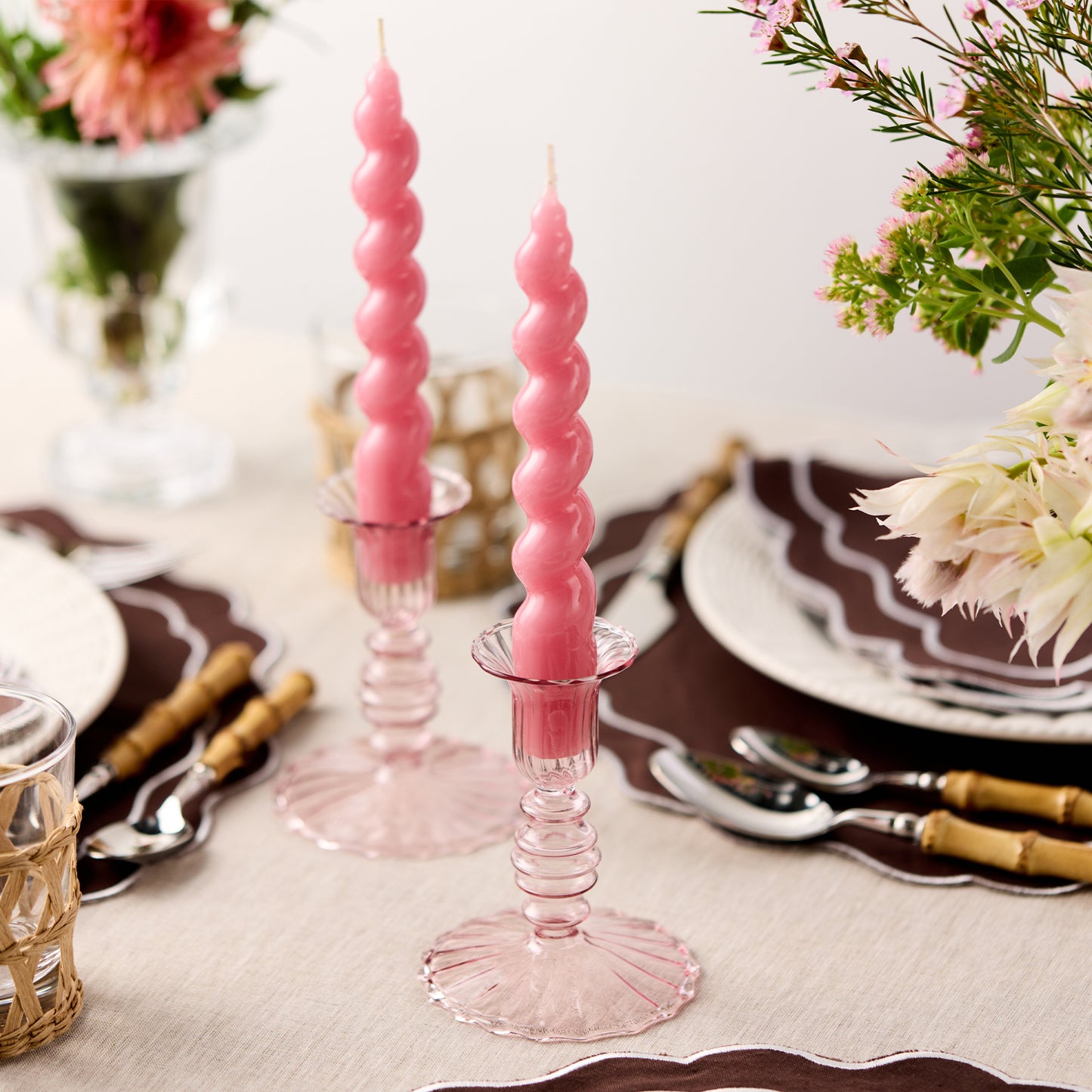 Set of 2 - Glass Candle Holder - Pink Flute