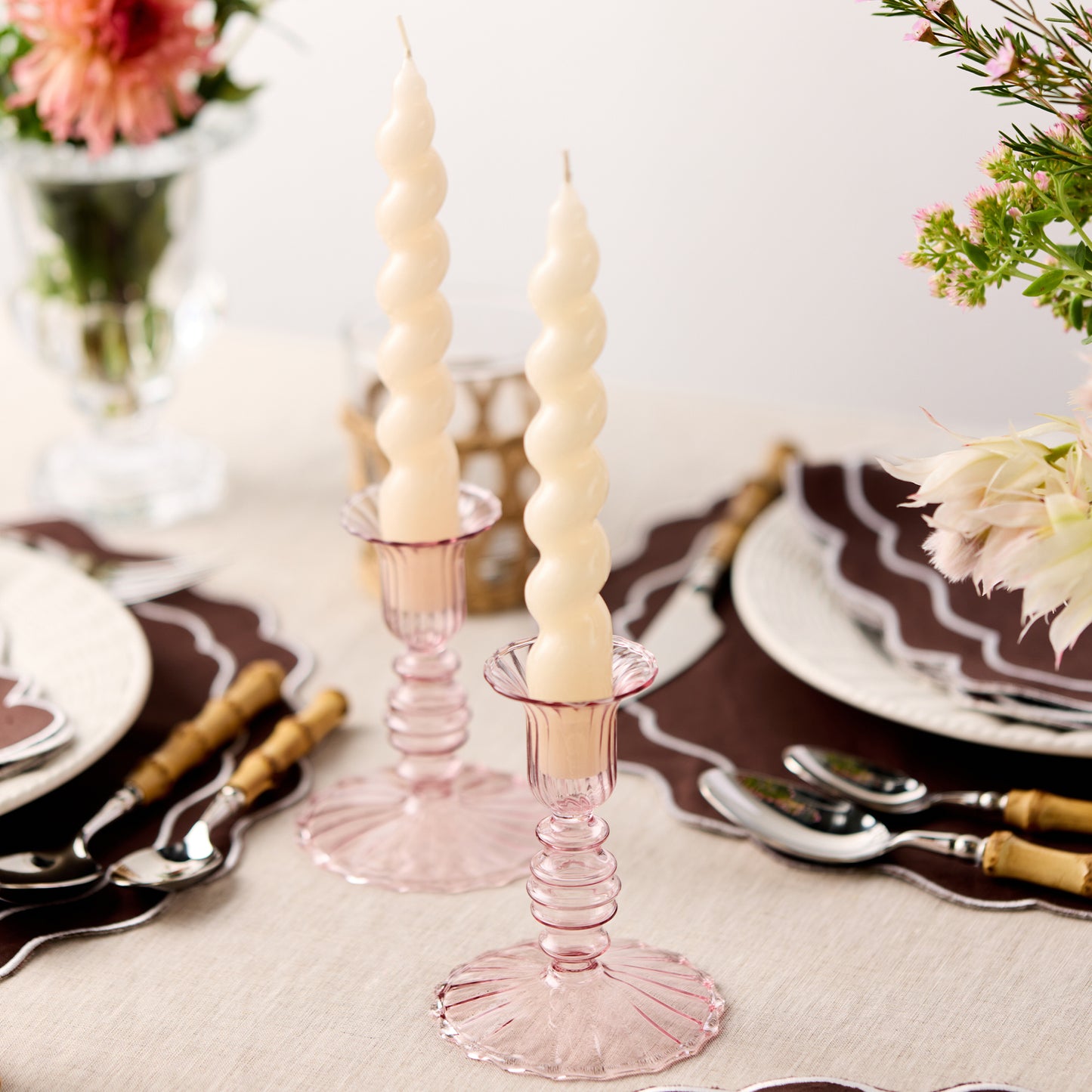 Set of 2 - Glass Candle Holder - Pink Flute