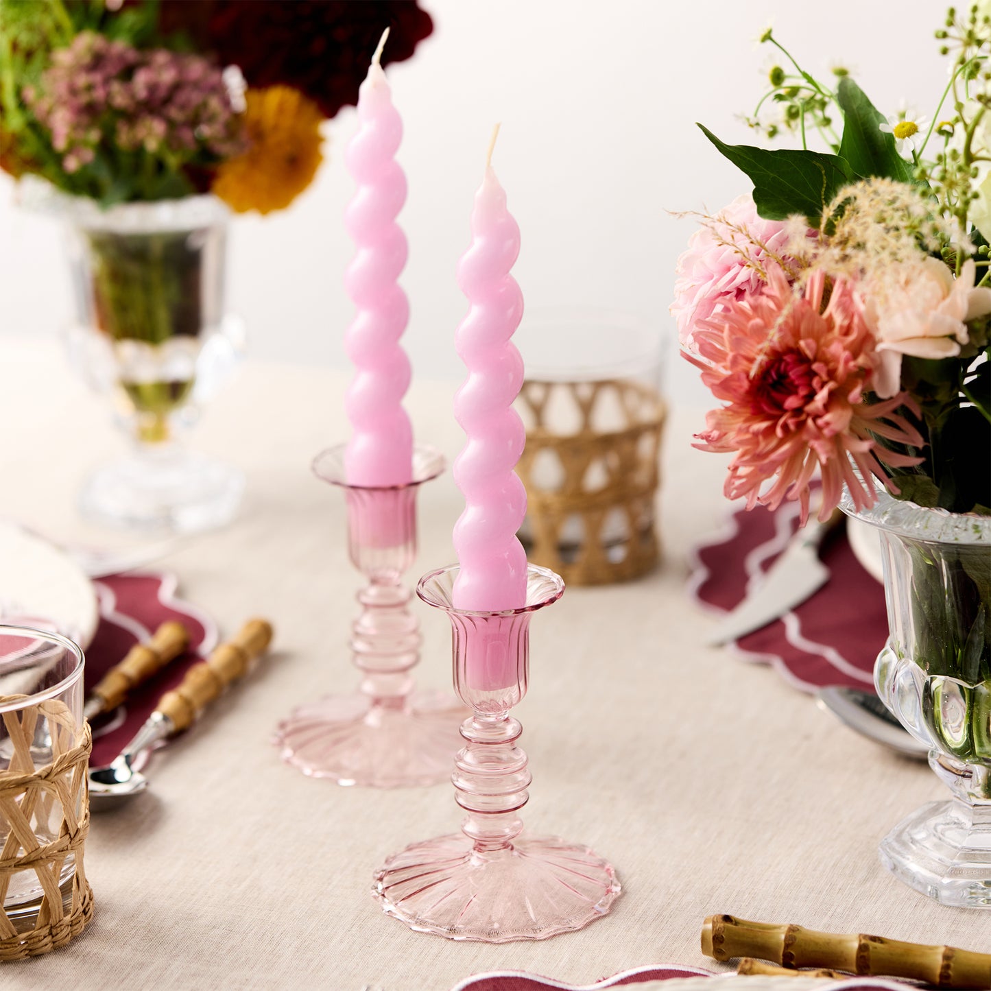 Set of 2 - Glass Candle Holder - Pink Flute