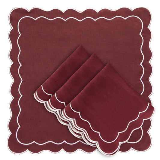 Linen Scalloped Edged Napkins - Cherry Red (Set of 4)