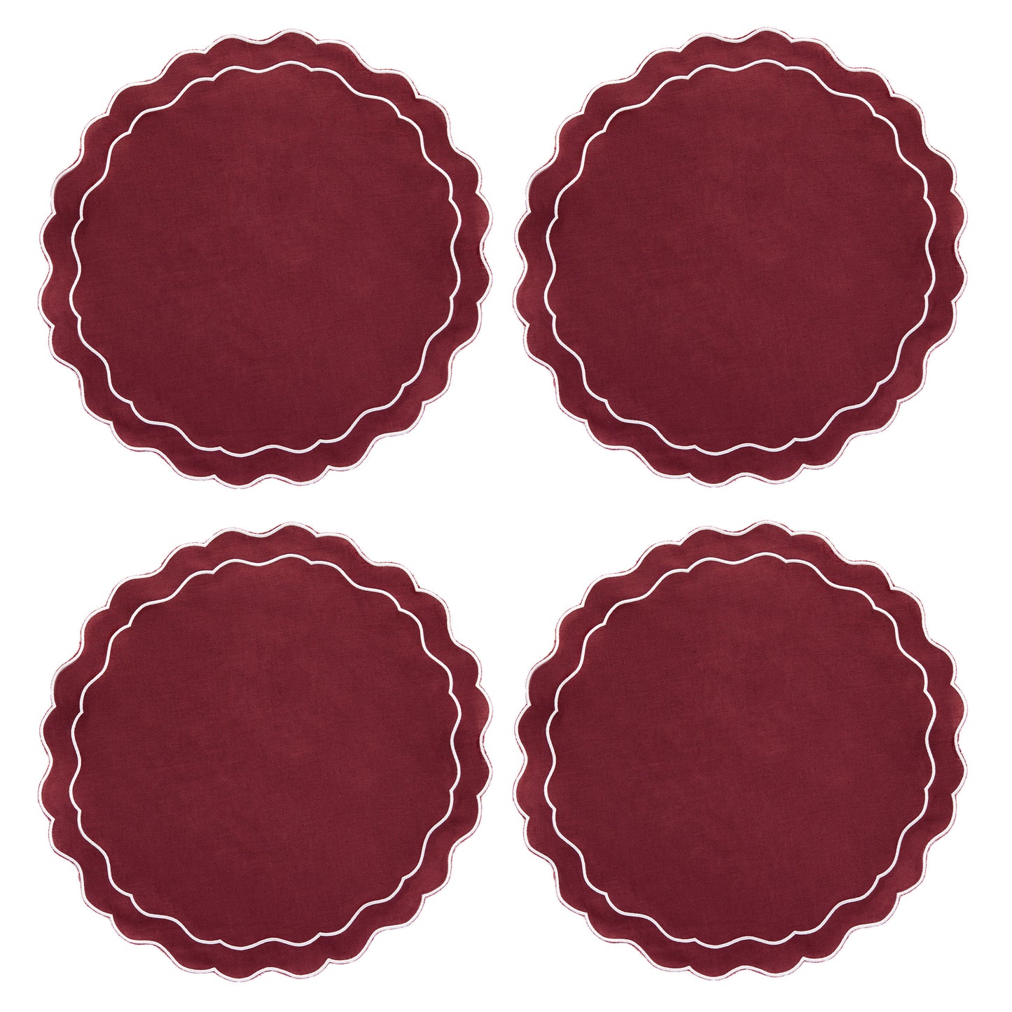 Lot de 4 sets de table en lin à bords festonnés - Rouge cerise