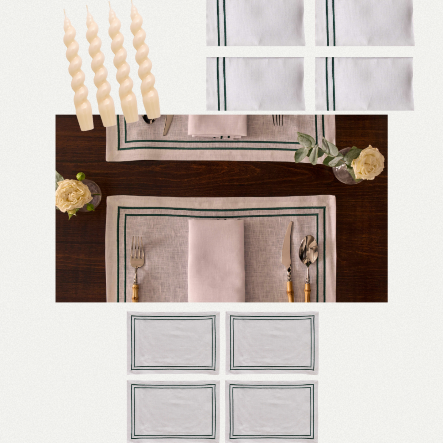 The Embroidered Stripe Festive Tableware Set Emerald Green (4 persons) - SAVE 15%