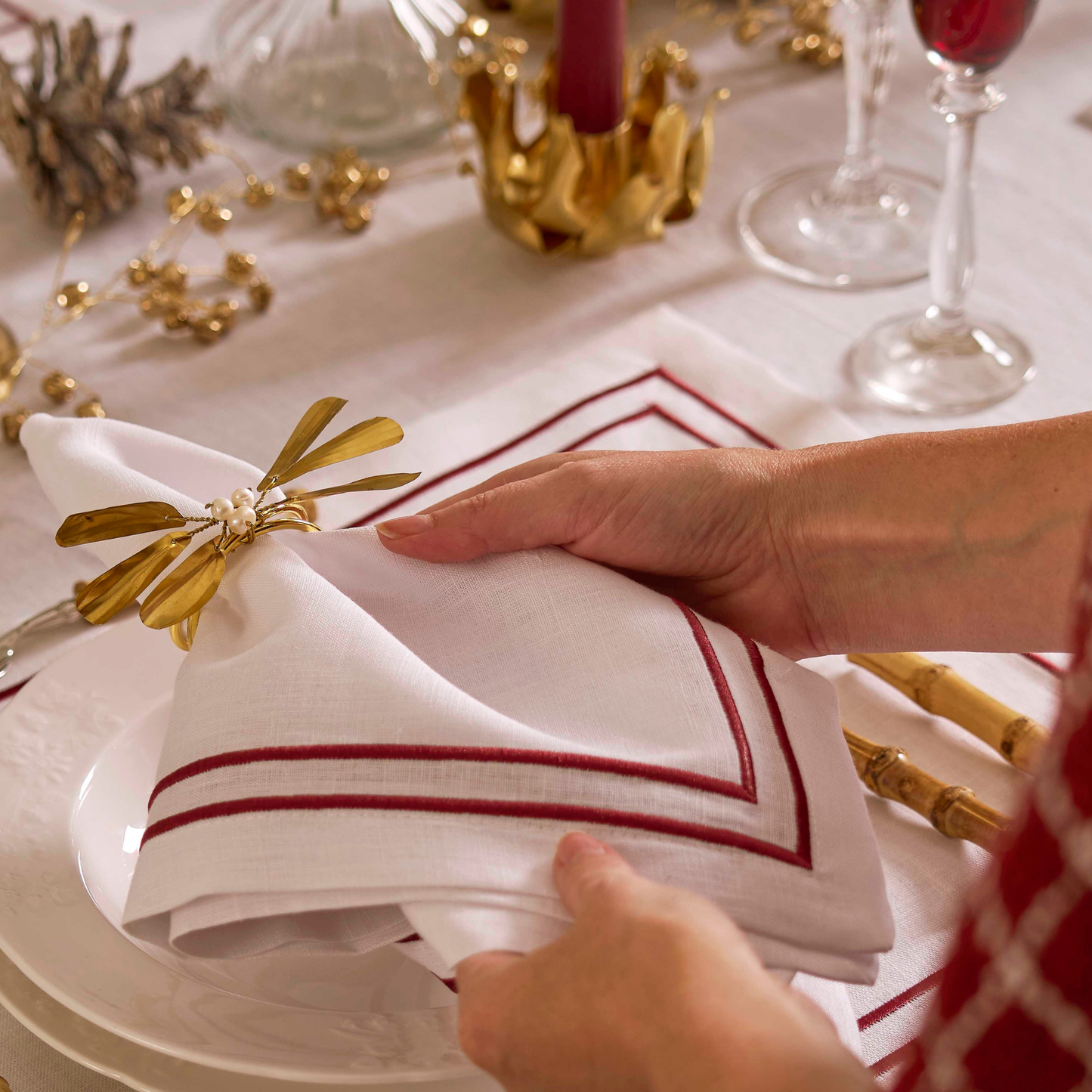 Embroidered Double Stripe Linen Napkins Ruby Red (set of 4)
