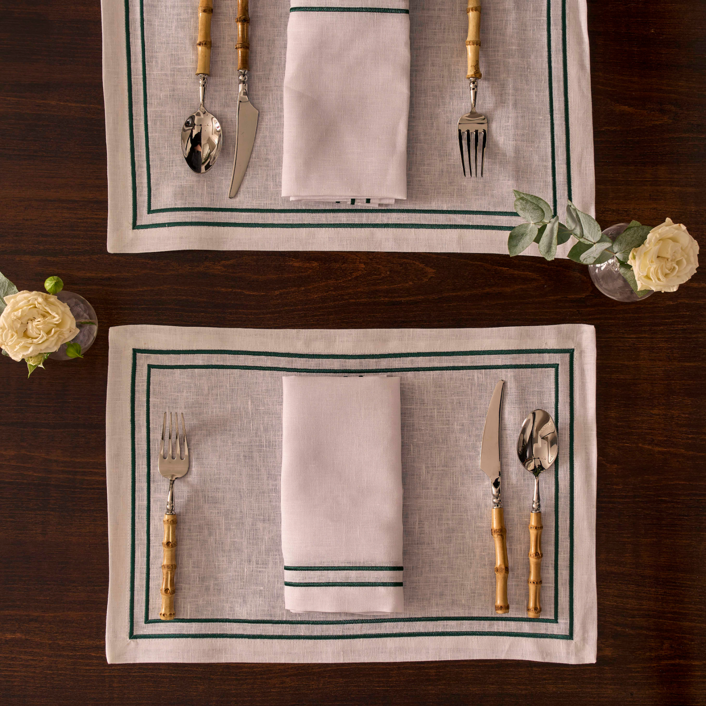 Embroidered Double Stripe Linen Placemats Emerald Green (set of 4)