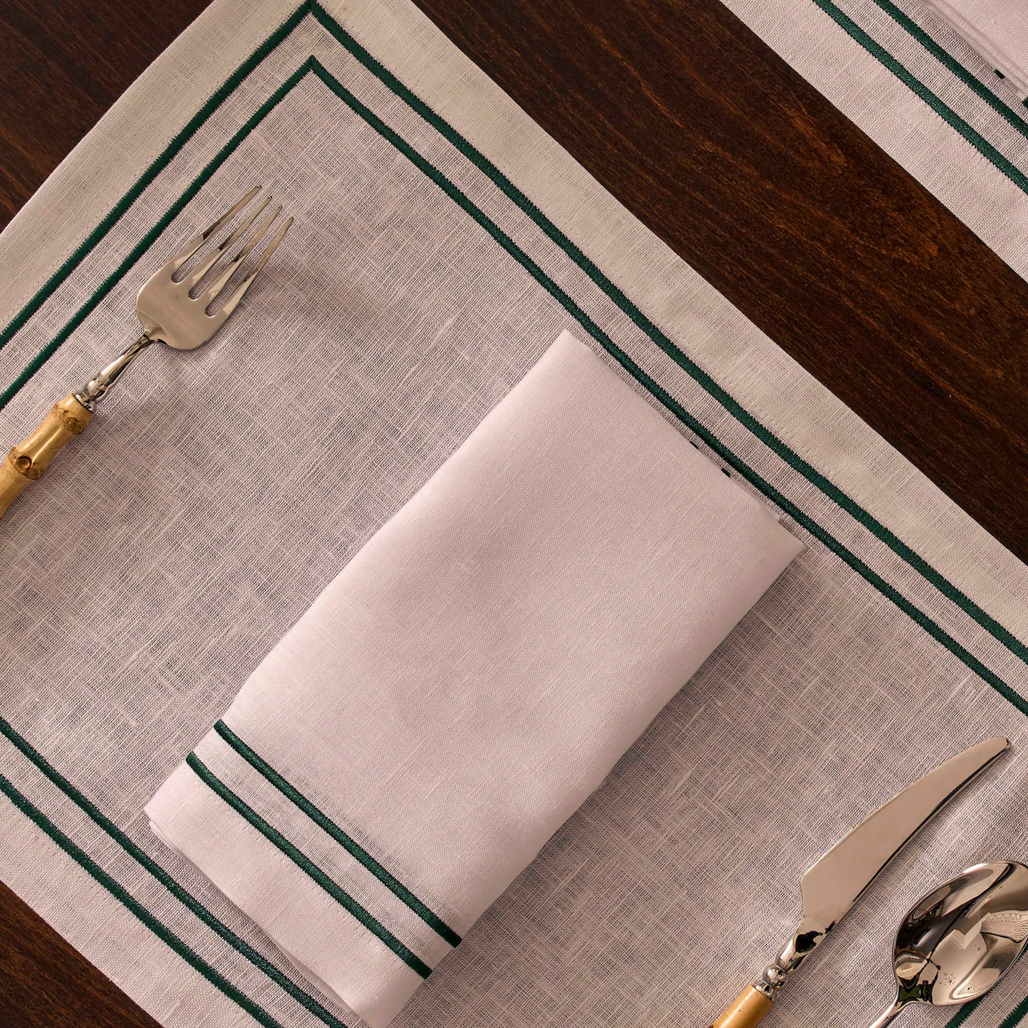 Embroidered Double Stripe Linen Placemats Emerald Green (set of 4)