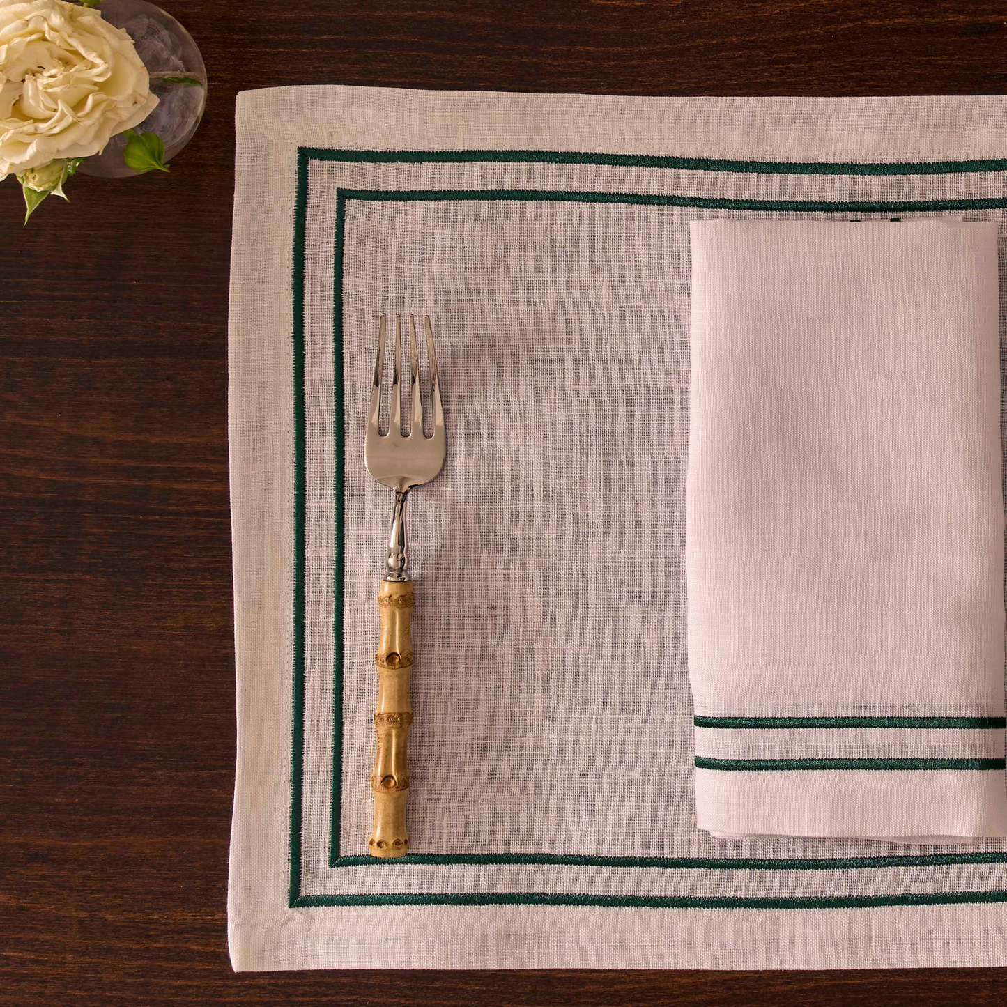 Embroidered Double Stripe Linen Placemats Emerald Green (set of 4)