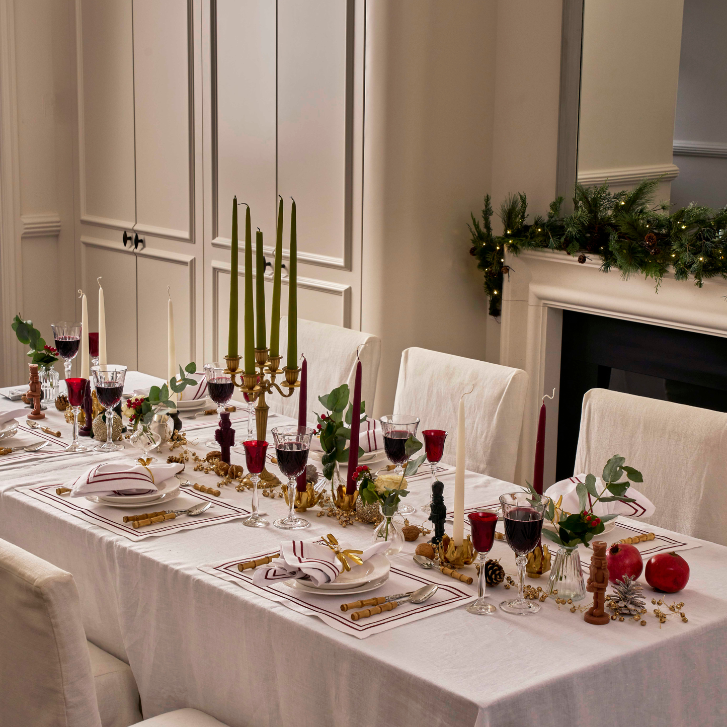 Embroidered Double Stripe Linen Napkins Emerald Green (set of 4)