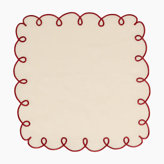 Bon Bon - Linen Scalloped Edged Napkin - Ivory with Garnet (set of 4)