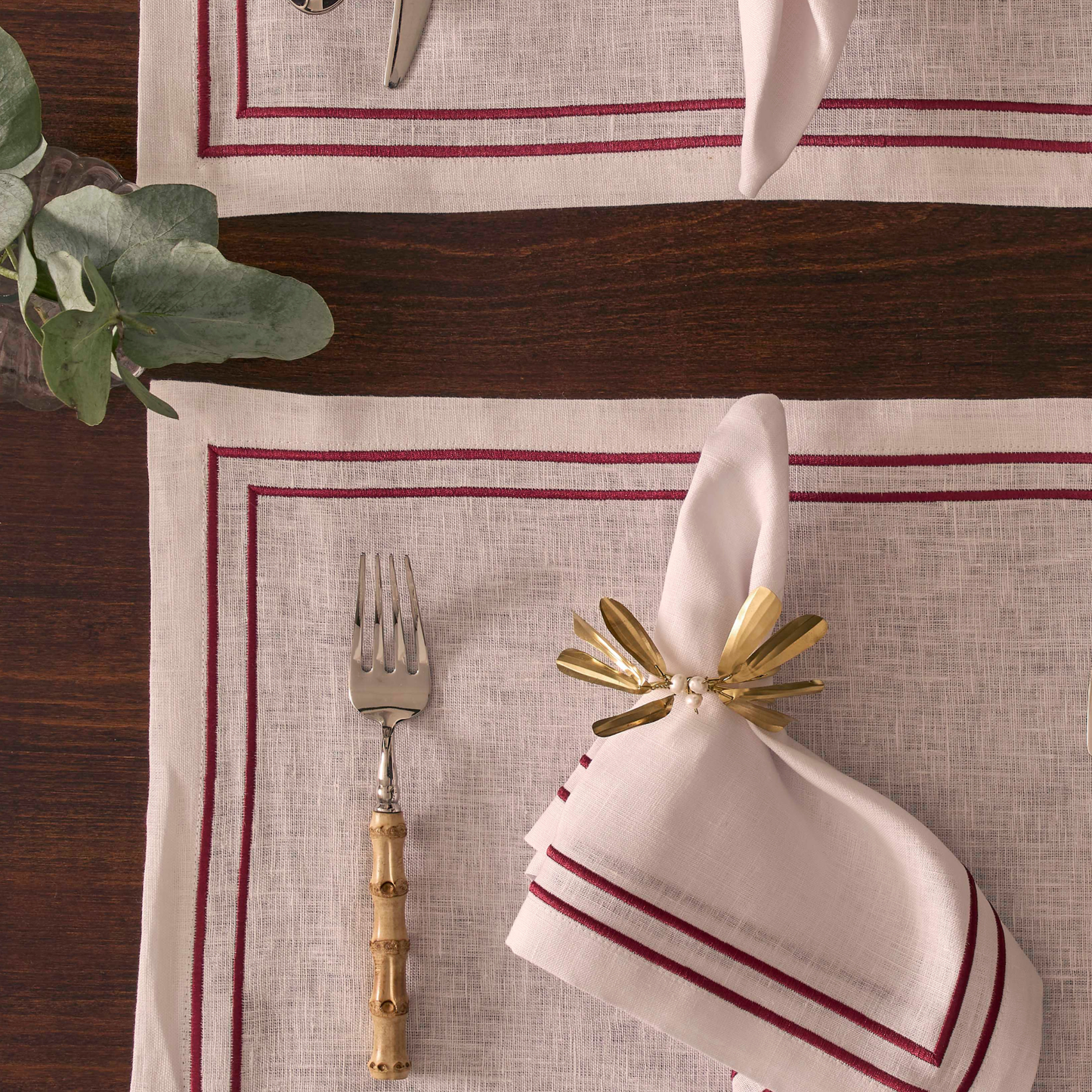 Embroidered Double Stripe Linen Placemats Ruby Red (set of 4)
