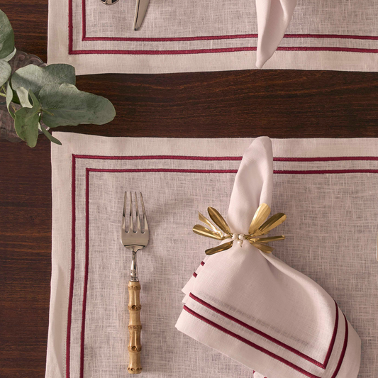 Embroidered Double Stripe Linen Napkins Ruby Red (set of 4)