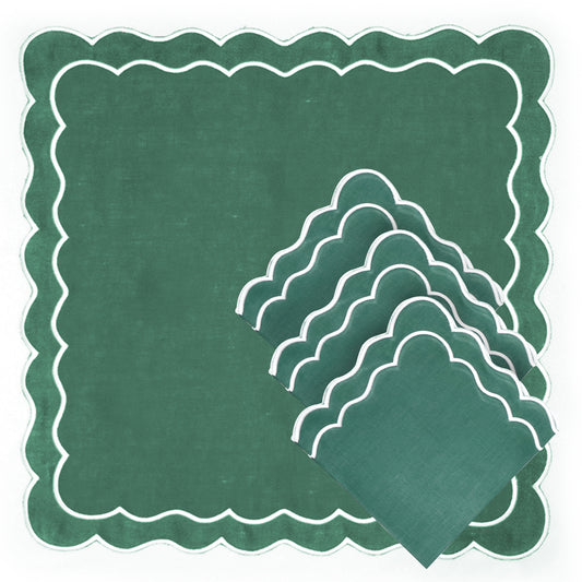 Set of 4 - Linen Scalloped Edged Napkins - Emerald Green