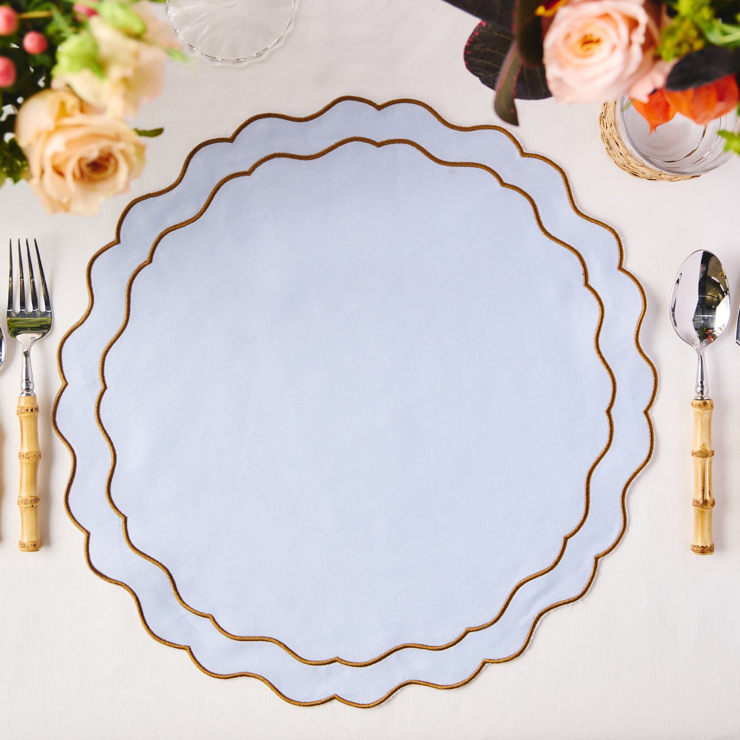 Set of 4 - Pure Linen Scalloped Edged Placemat - Baby Blue