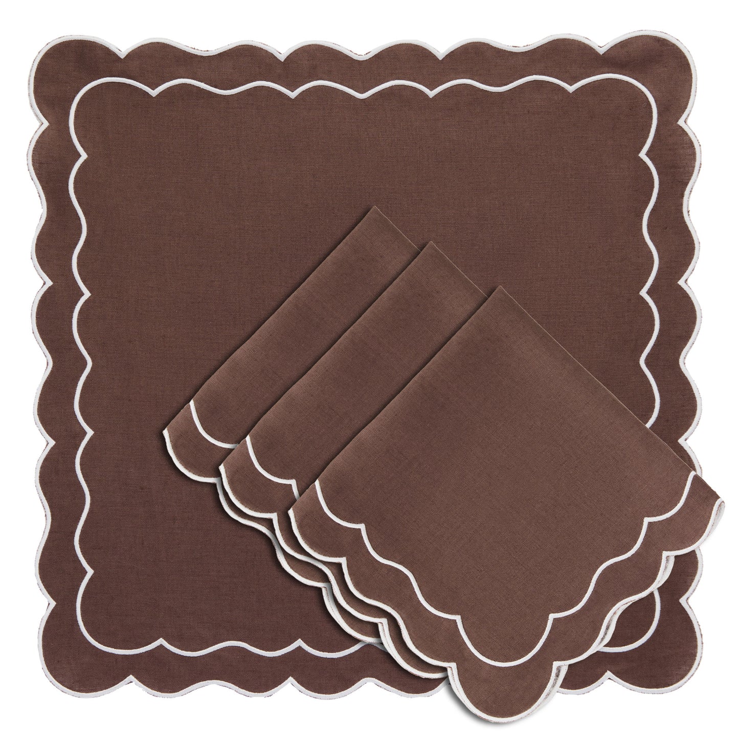 Set of 4 - Pure Linen Scalloped Edged Napkin - Chocolate