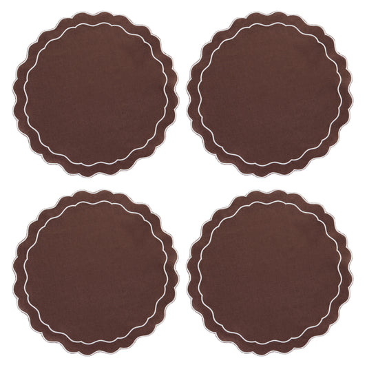 Set of 4 - Pure Linen Scalloped Edged Placemat - Chocolate