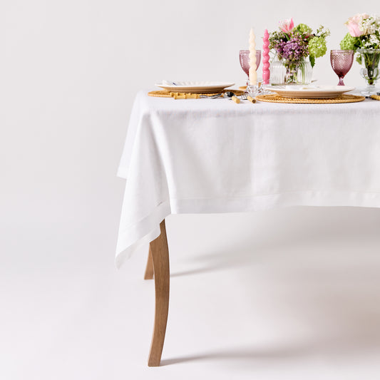 Linen Tablecloth with Hemstitched Edge - White - 6-8 person table size
