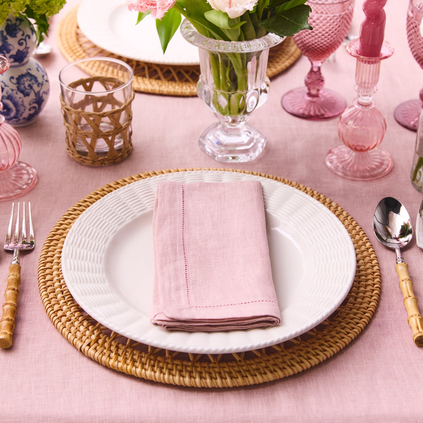 Linen Tablecloth with Hemstitched Edge - Dusty Pink - 6-8 person table size