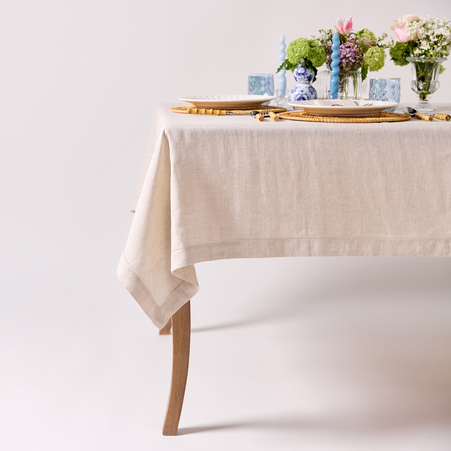 Pure Linen Tablecloth with Hemstitched Edge - Natural - 6-8 person table size