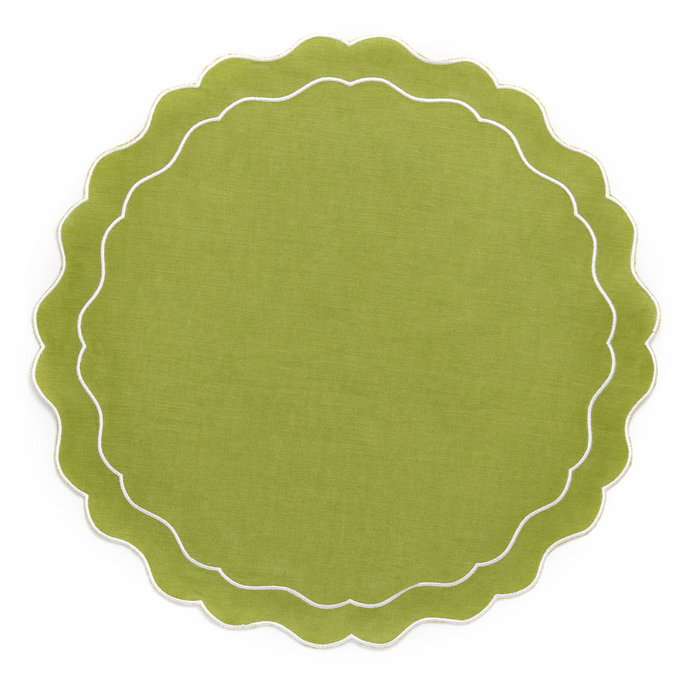 Set of 4 Linen Scalloped Edged Placemats Green Clio and Clover
