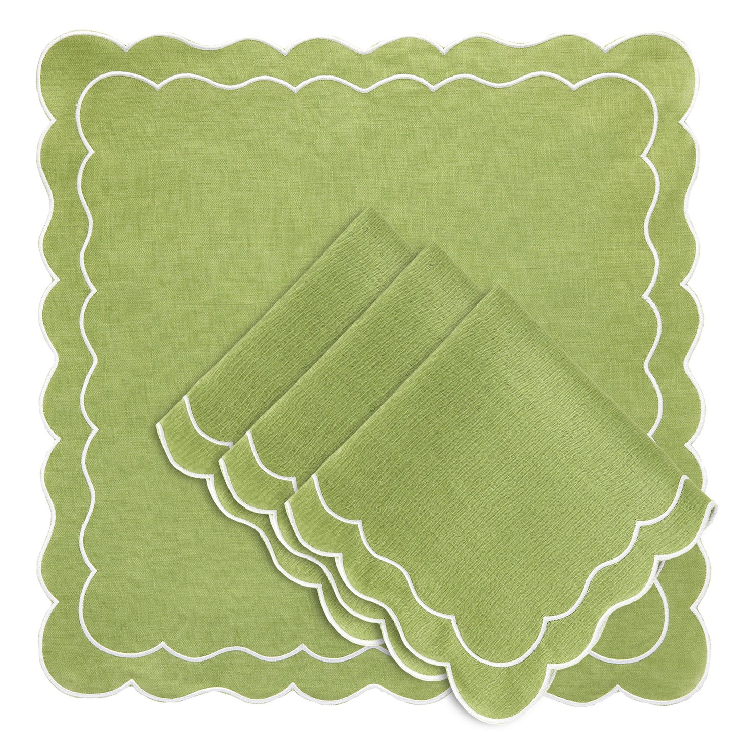 Set of 4 - Pure Linen Scalloped Edged Napkin - Green