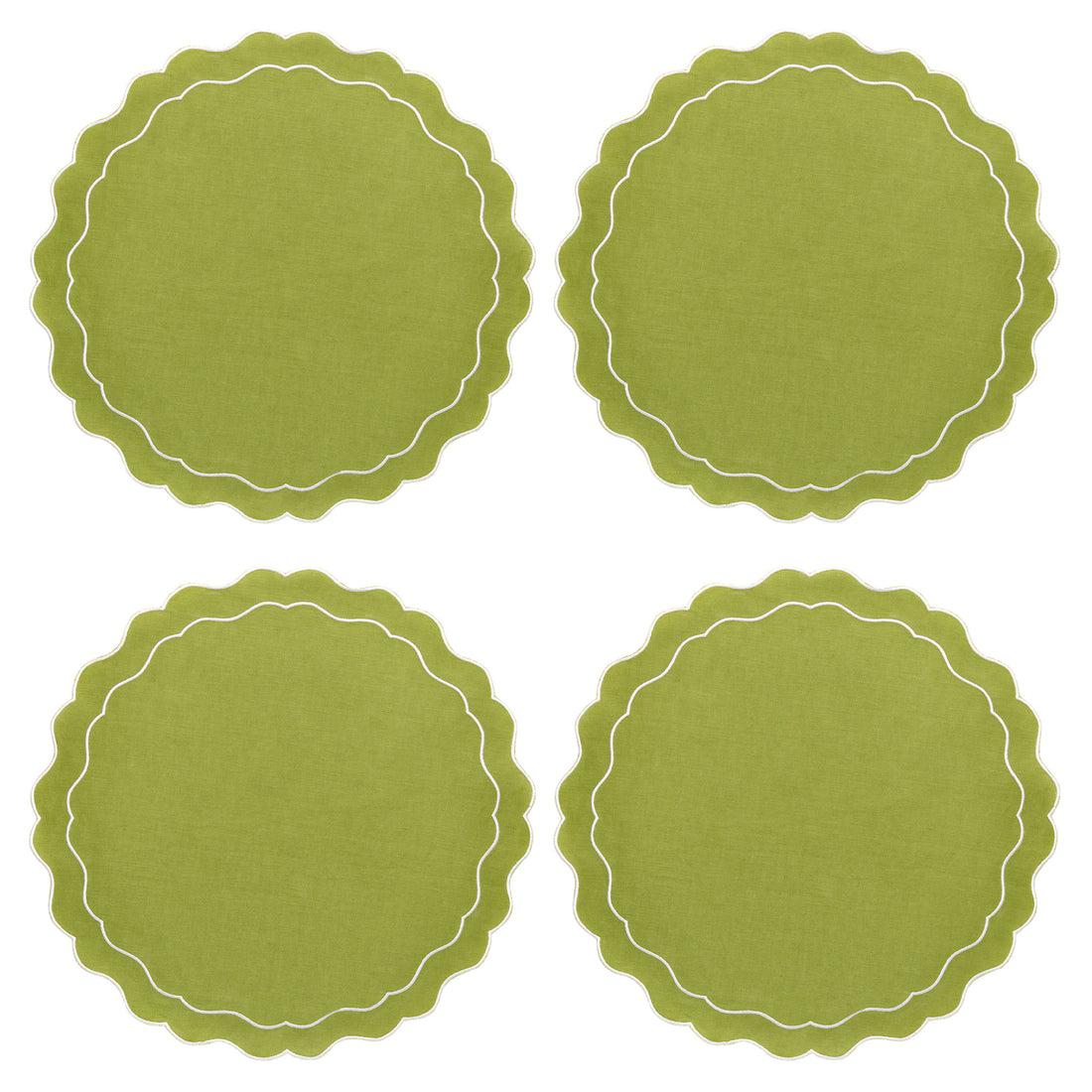 Set of 4 Pure Linen Scalloped Edged Placemat Green Clio and Clover