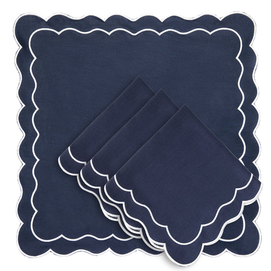 Set of 4 - Linen Scalloped Edged Napkins - Oxford Blue