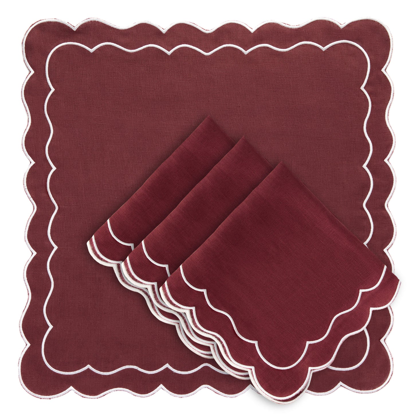 Set of 4 - Pure Linen Scalloped Edged Napkin - Cherry Red